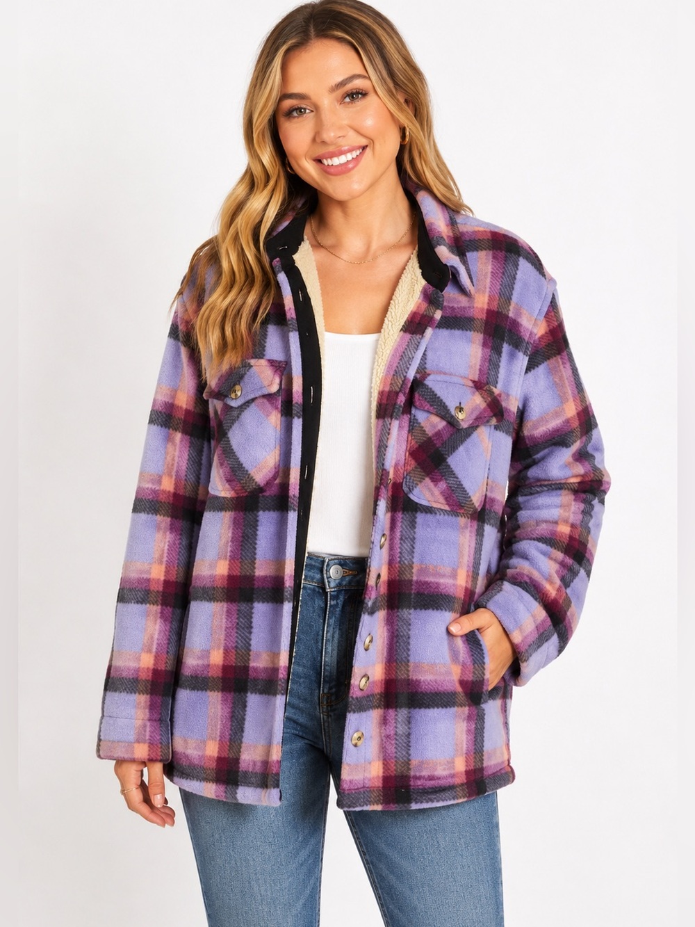 Sage Collective Purple Plaid Sherpa Lined Fleece Shacket Jacket - Women's L